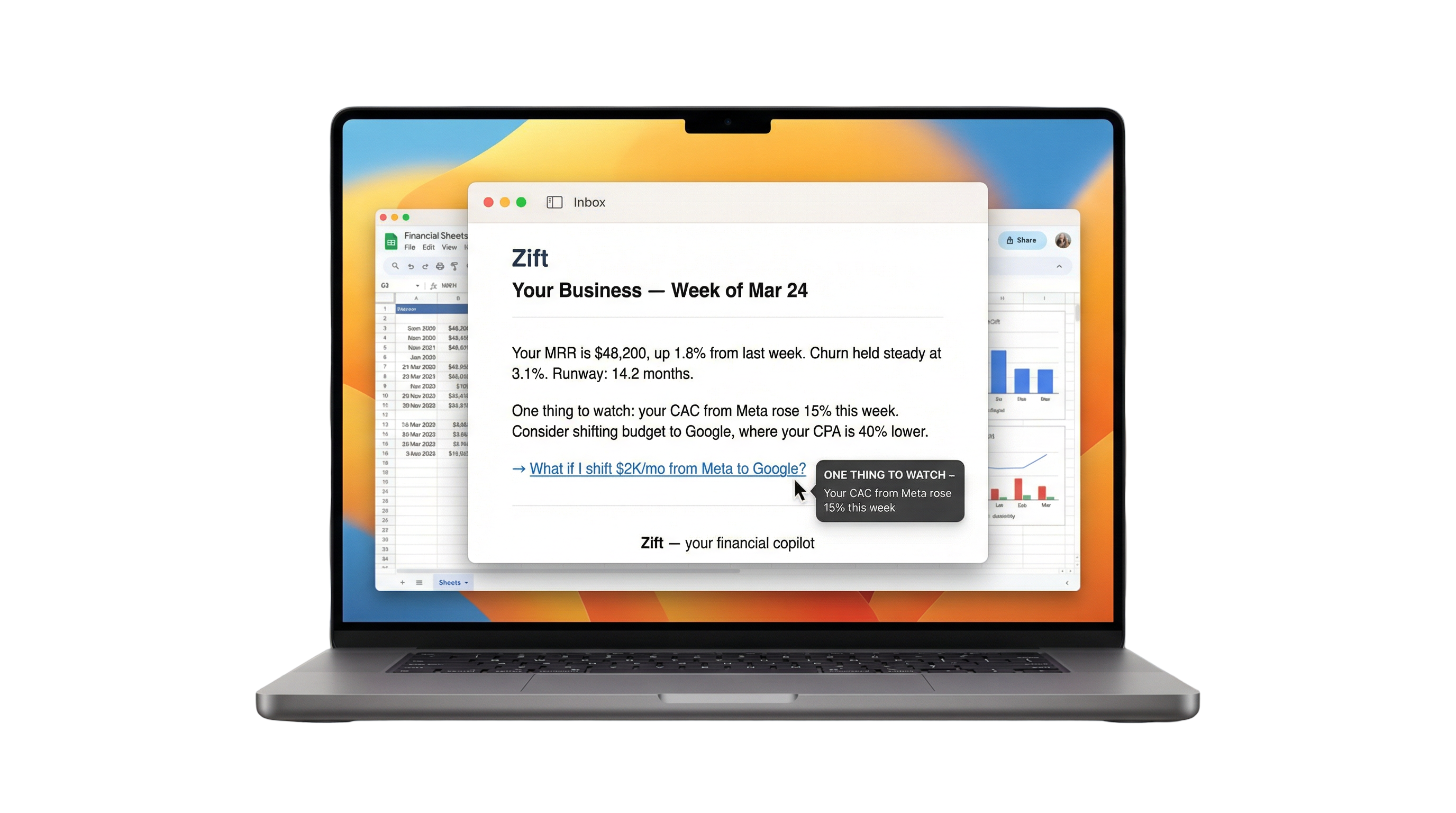 MacBook Pro showing a Zift weekly business briefing email with MRR, churn, runway metrics and a CAC insight